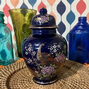 Vintage Cobalt Blue Peacock and Chrysanthemum Japanese Porcelain Temple Jar